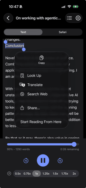 Start Reading From Here selection